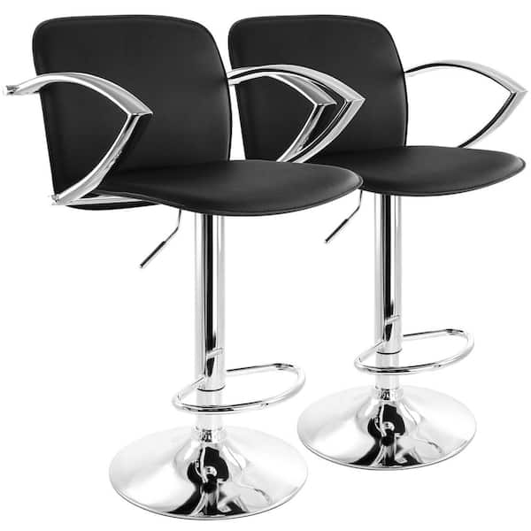 Elama 2-Piece Adjustable Faux Leather 34.25 in. Black Low Back Metal Bar Stool with Chrome Arm Rests and Base