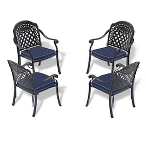 Modern Cast Aluminum Outdoor Dining Chairs with Black Frame and Random Color Cushions (4-Pieces)
