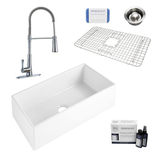 SINKOLOGY Harper All-in-One Farmhouse Apron Front Fireclay 36 in. Single Bowl Kitchen Sink with Pfister Zuri Faucet and Drain