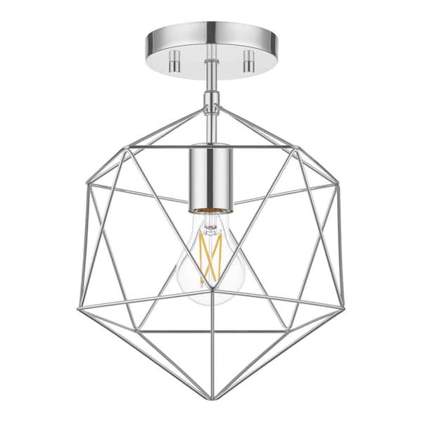 Winfield 9.5 in. 1-Light Chrome Semi-Flush Mount Ceiling Light Fixture with Geometric Cage