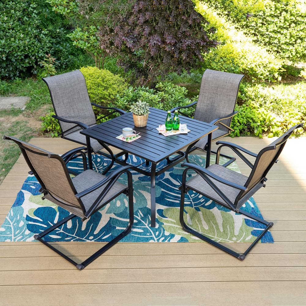 PHI VILLA Black 5-Piece Metal Patio Outdoor Dining Set with Slat Square ...