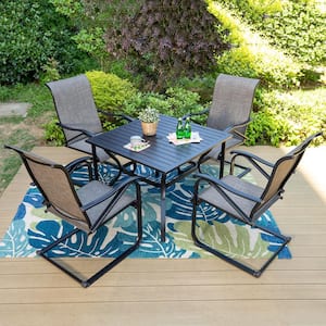 Black 5-Piece Metal Patio Outdoor Dining Set with Slat Square Table and Textilene C-Spring Chairs