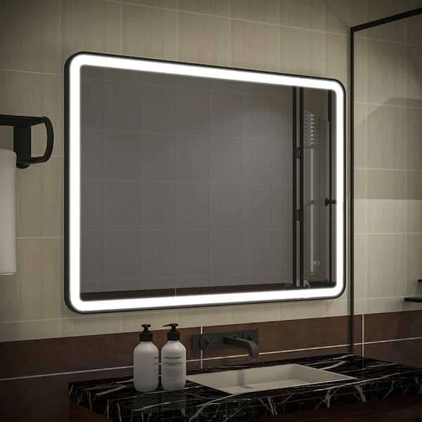 ANGELES HOME 48 in. x 36 in. Rectangular Aluminum Framed Wall Mount LED Bathroom Vanity Mirror in Matte Black, Dimmable Front Light