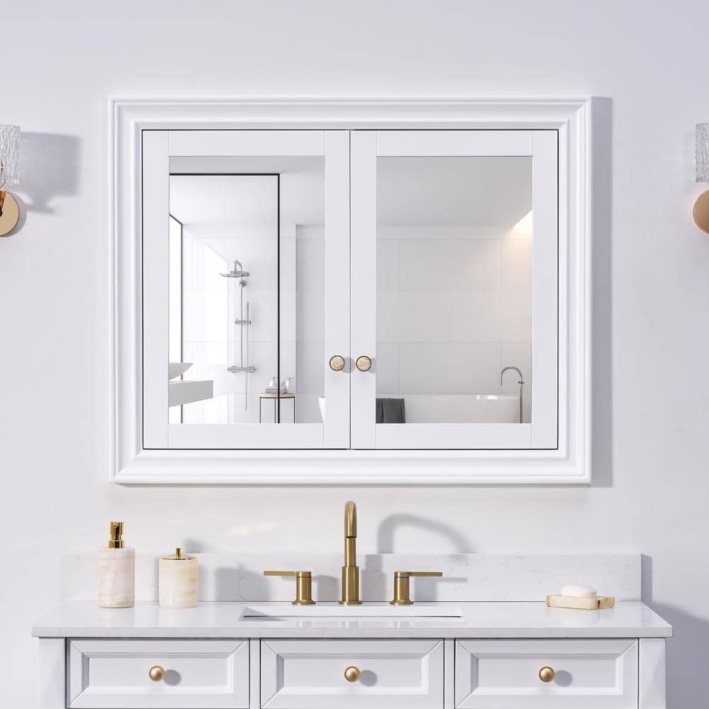 WELLFOR 40 in. W x 32 in. H Rectangular Solid Wood Recessed Medicine