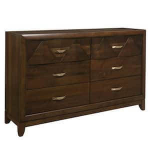 Brown and Brass 6-Drawer 60 in. Wide Dresser Without Mirror