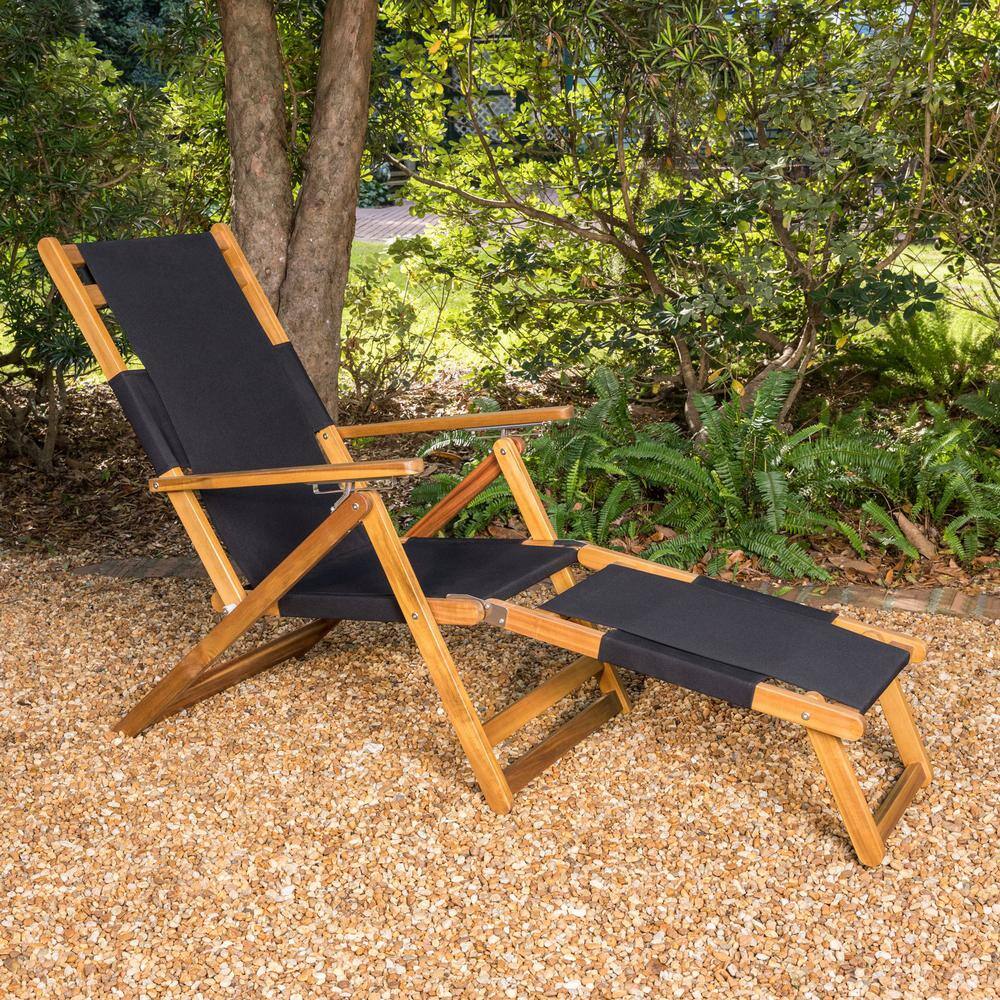 Acacia Wood and Steel Portable Lounge Chair with Detachable Footrest, Black