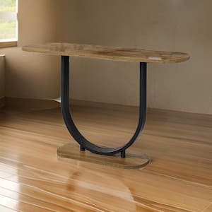 15.75 in. Black and Brown Oval Wooden Console Table with Rustic Oak Brown MDF and Black U Shape Steel Base