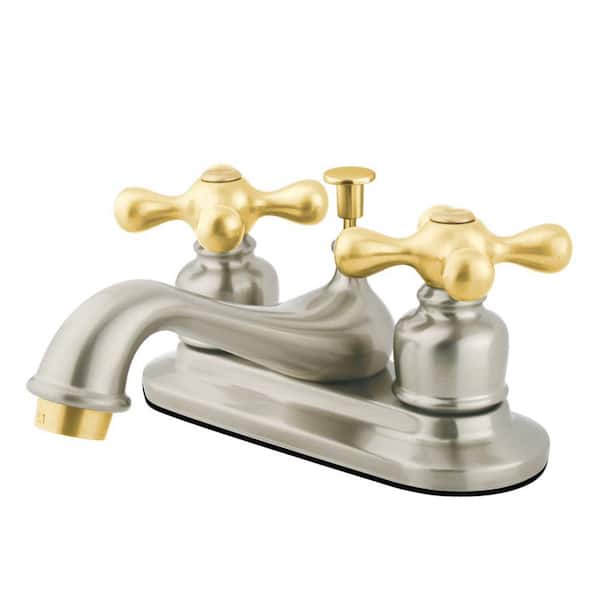Kingston Brass Restoration 4 in. Centerset 2-Handle Bathroom Faucet with Plastic Pop-Up in Brushed Nickel/Polished Brass