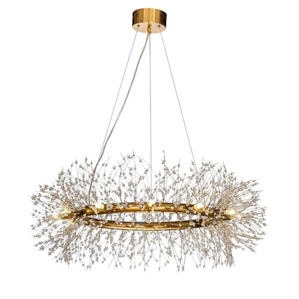 ALOA DECOR 39 in. 12-Light Modern Firework Gold Crystal Chandelier Glam Round Pendant Light Fixture for Dining Room with LED Bulb