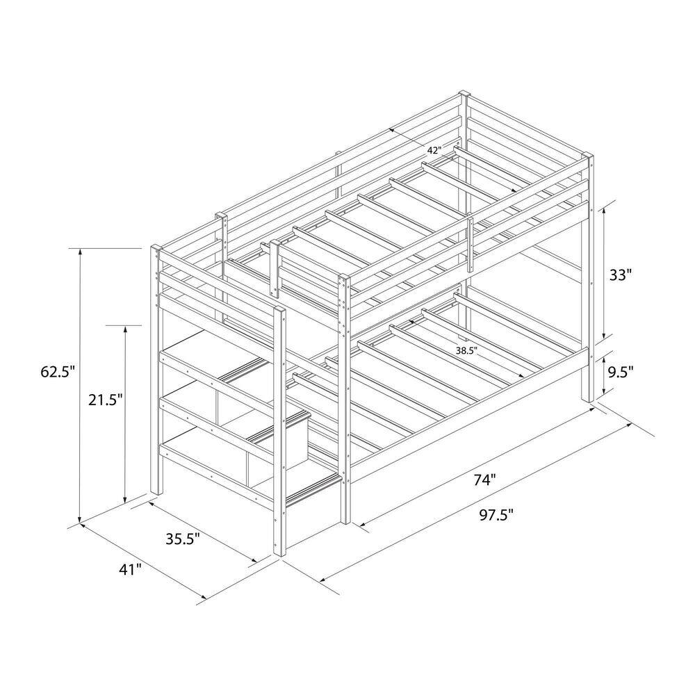 White Twin Over Twin Pine Wood Bunk Bed with Stairs and Shelves