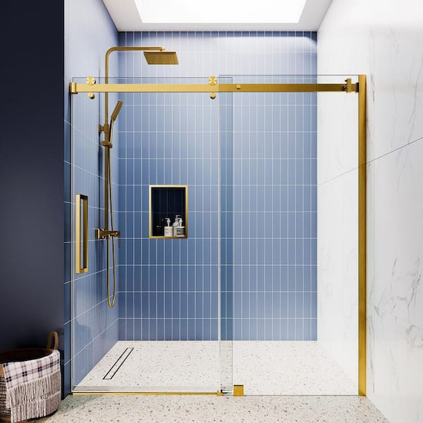 SI Series 68-72 in. W x 75 in. H Frameless Single Sliding Glass Shower Doors with 3/8 in. Tempered Glass in Satin Brass