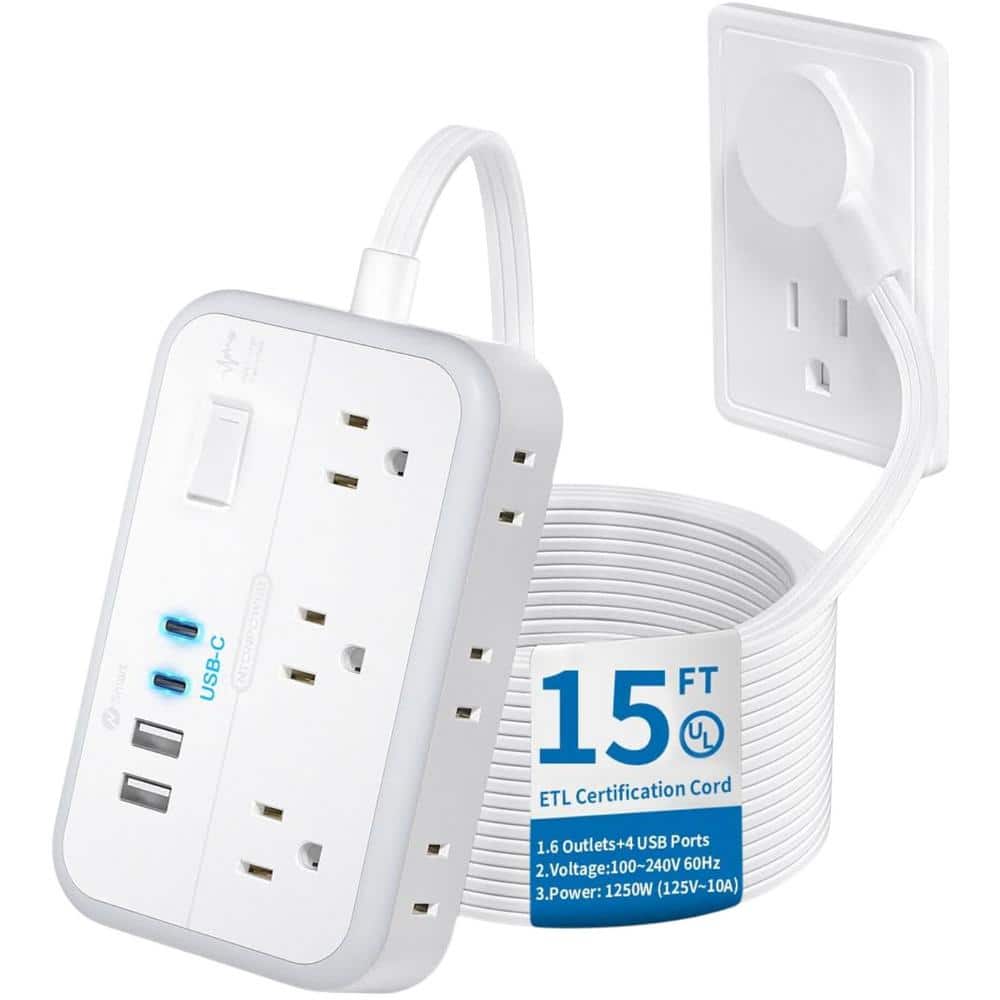 15' Flat Plug Extension Cord, Surge Protector Power Strip with 6 Widely Outlets 4 USB Ports (2 USB-C) and Wall Mounted price history on PriceWatchPro