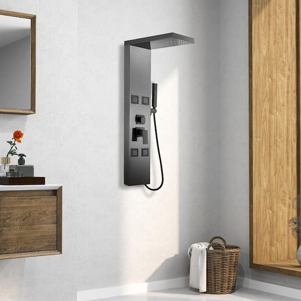44.5 in. 4-Jet Shower System with Hand-Shower and 360° Angled Adjustable Angle Body Sprayers in Matte Black