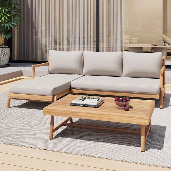 Galena Modern 3-Piece Solid Wood Patio Conversation Set L-Shape Sofa with Beige Cushions, Coffee Table, Teak Finish