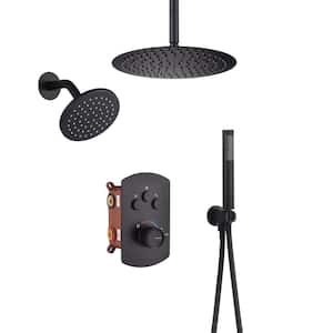 Pressure Balanced 3-Spray Patterns 12 in. Ceiling Mounted Rainfall Dual Shower Heads with Handheld in Matte Black