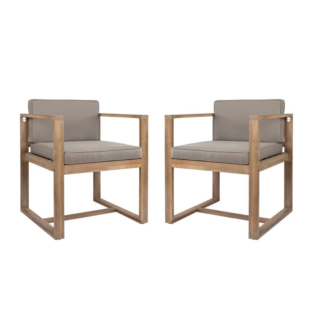 Outdoor Acacia Wood Dining Chair with Light Grey Cushion, for Patio Garden 