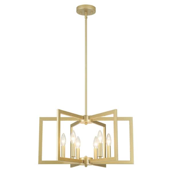 ADSENSTY 6-Light Gold Candle-Style Geometric Square / Rectangle Chandeliers for Kitchen Island with No Bulbs Included