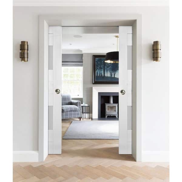 36 in. x 96 in. Single Panel White Solid MDF Double Sliding Doors with Double Pocket Hardware