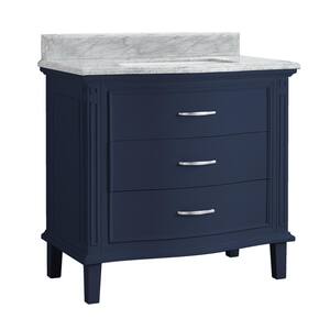 Mira 36 in. W x 21.875 in. D x 34.5 in. H Bath Vanity in Midnight Blue with Carrara Marble Vanity Top with White Basin