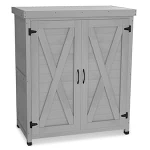 31 in. W x 36 in. H Outdoor Wood Potting Bench Patio Work Station Table with Storage Cabinet and Metal Table Top, Gray