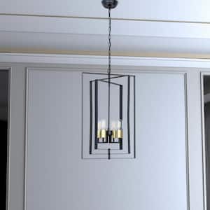 Alaska 4-Light Black Lantern and Candle Style Geometric Black and Gold Pendant With Wrought Iron Accents