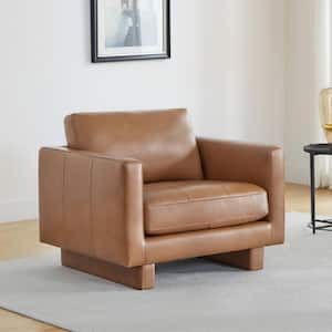 Zenobia Saddle Brown Mid-Century Modern Top Grain Genuine Leather Arm Chair with Solid Wood Frame