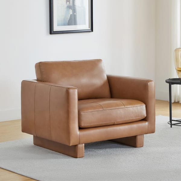 Spruce & Spring Zenobia Saddle Brown Mid-Century Modern Top Grain Genuine Leather Arm Chair with Solid Wood Frame