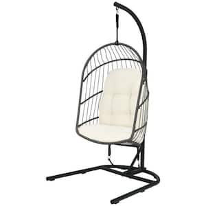 1-Person Metal Patio Swing Hanging Wicker Egg Chair with Stand and Beige Cushion
