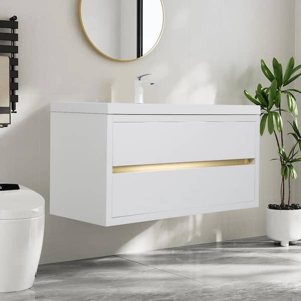 Lafarre 35.43 in. W x 19.69 in. D Single Sink Floating White Bath Vanity with White Stone Resin Top Assembled