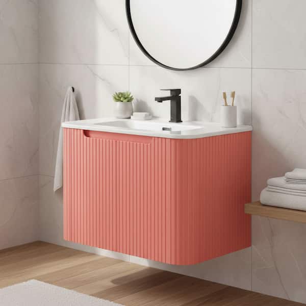 Caskvalley 30 in. Floating Bath Vanity in Coral Pink with White Ceramic Sink Top Assembled