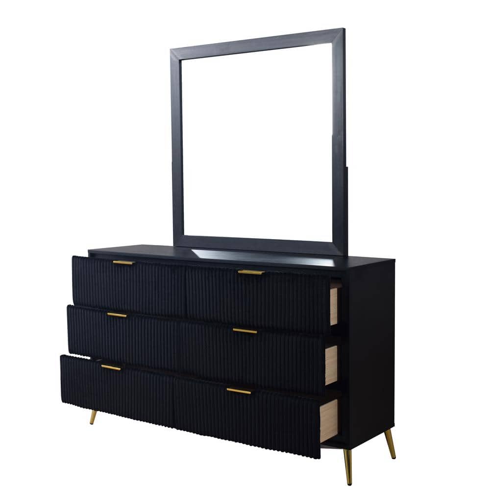 Kailani Black MDF Dresser with Mirror and Gold Accents