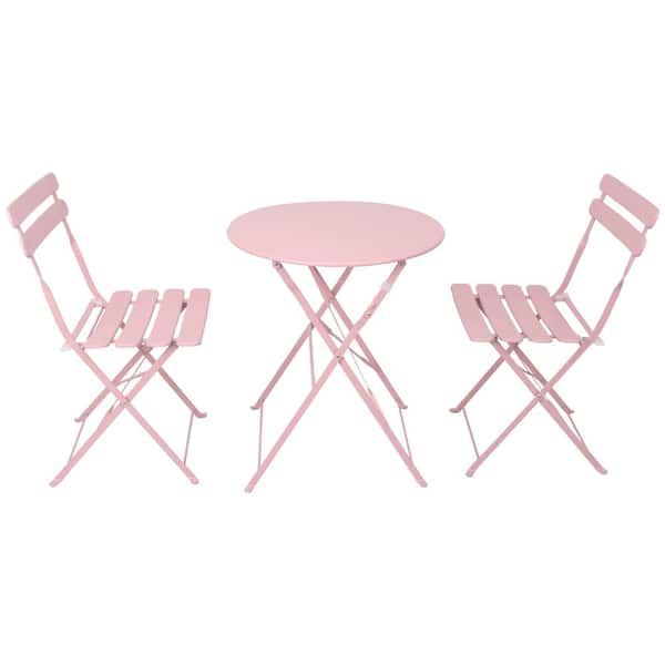 Unbranded 3-Piece Metal Outdoor Patio Bistro Chair Table Set for Patio Balcony Lawn, Foldable and Portable, Fresh Design, Pink