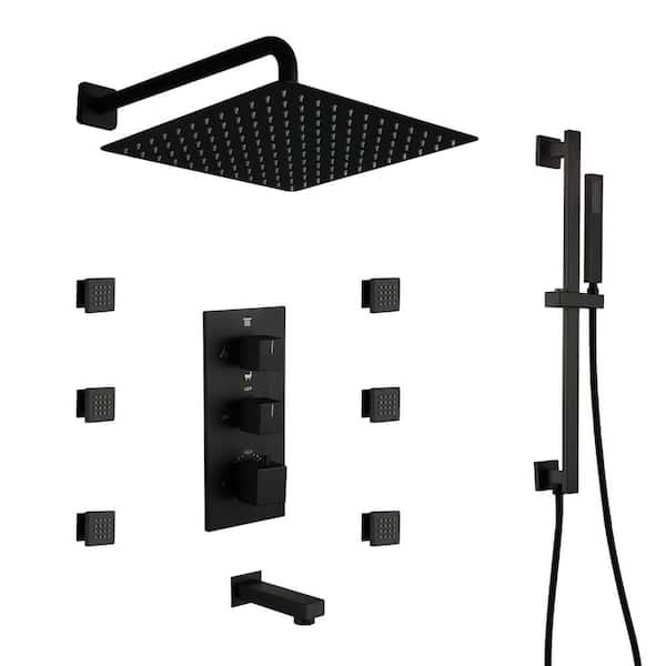 Boyel Living 1-Spray Thermostatic Dual Shower Head Wall Mount Fixed and Handheld Shower Head 2.5 GPM with Body Spray in Matte Black