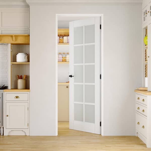 32 in. x 80 in. 10-Lite Frosted Glass Right-Hand White Solid Core Wood Single Prehung Interior Door+ Quick Assemble Jamb
