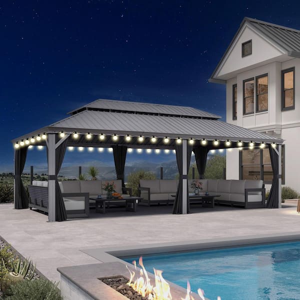 14 ft.x 24 ft.Light Gray Luxury Patio Outdoor Gazebo for Backyard Hardtop Aluminum Frame,Hooks,Curtain,Netting 48-Lights