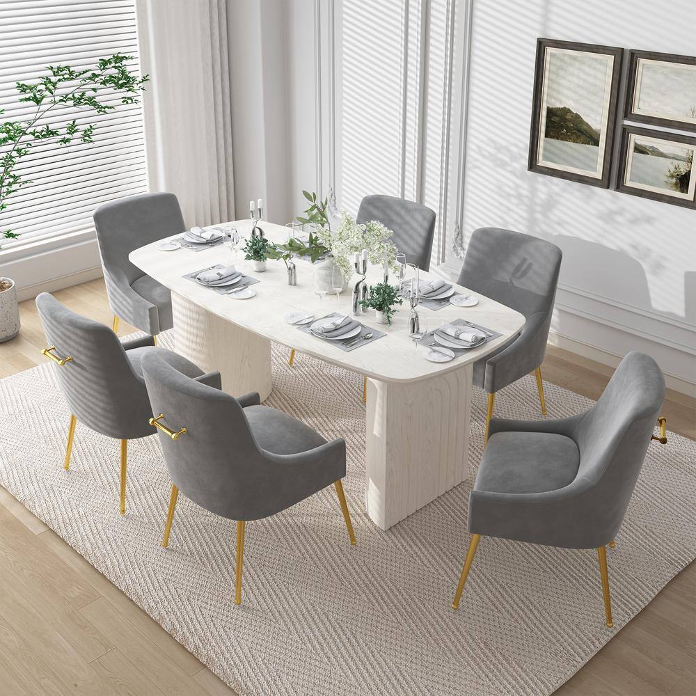7-Piece Solid Wood Top Dining Table Set with Gray Velvet Dining Chair (Seats of 6)