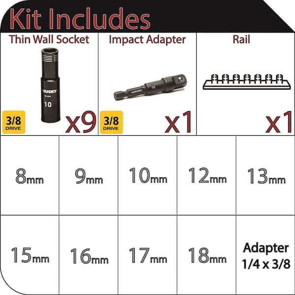 3/8 in. Drive Thin Wall Metric Deep Metric 6-Point Impact Socket Set (10-Piece)