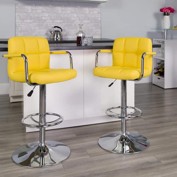 33.25 in. Adjustable Height Yellow Cushioned Bar Stool