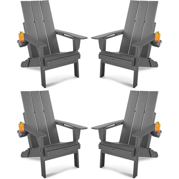 Mximu Oversized Gray HDPE Outdoor Plastic Folding Adirondack Chair with Cup Holder (Set of 4)