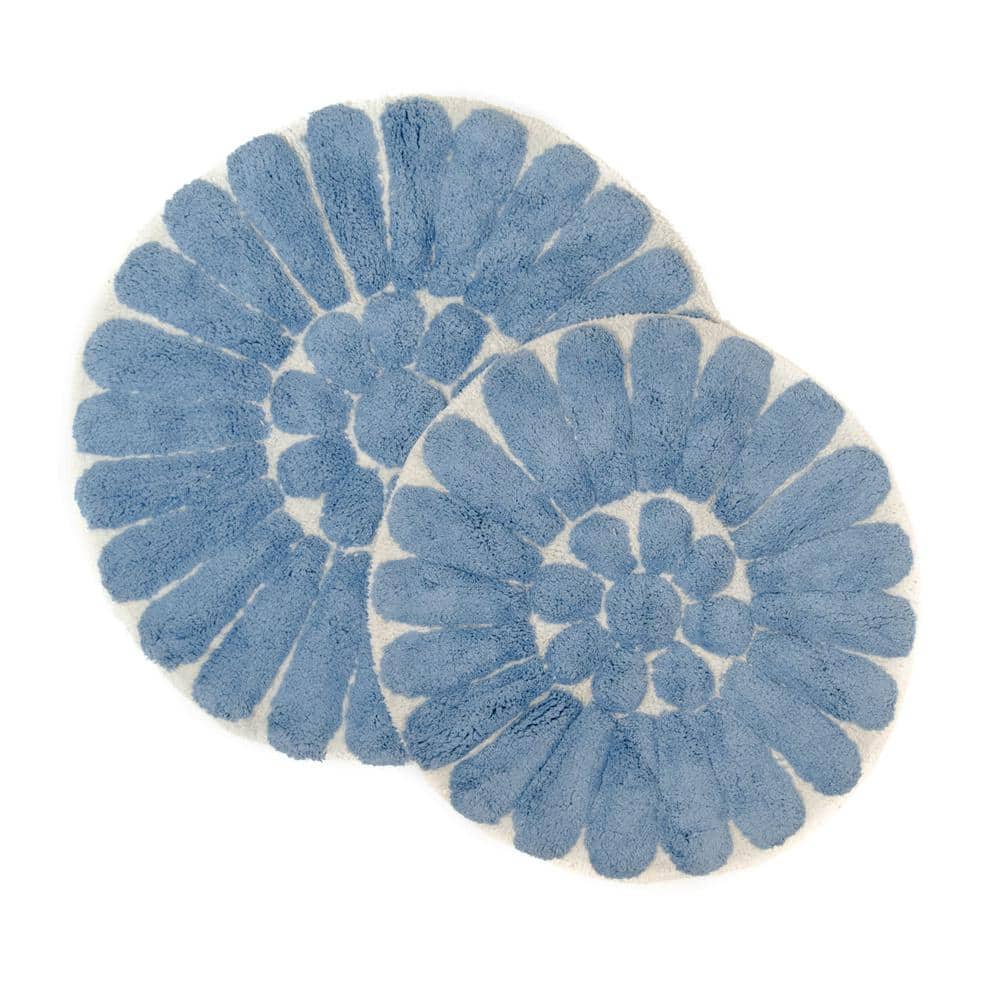 Off-White and Blue Cotton Floral Bath Rug Set