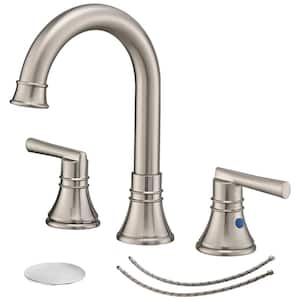 8 in. Widespread Double Handle Bathroom Faucet with Pop-Up Drain 3 Hole Brass Bathroom Basin Taps in Brushed Nickel