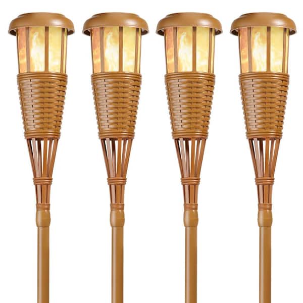 Newhouse Lighting Bamboo Colored LED Solar Flame Torch with Weatherproof Dusk-to-Dawn, Realistic Dancing Flickering Flame (4-Pack)