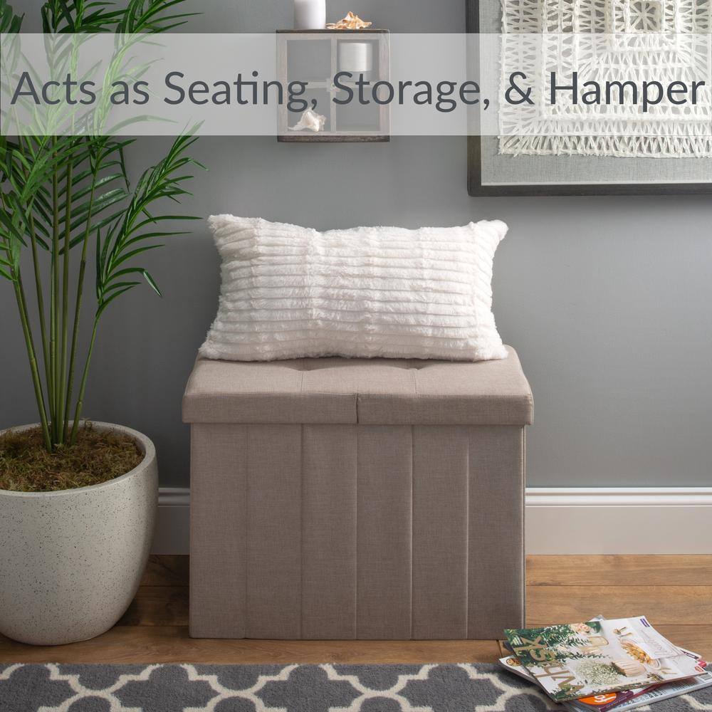 Off-White Polyester Collapsible Flip-Top Ottoman with Laundry Hamper