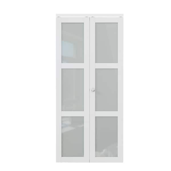 36 in. x 96 in. 3-Lite Tempered Frosted Glass Solid Core White Finished Glass Closet Bifold Door with Hardware
