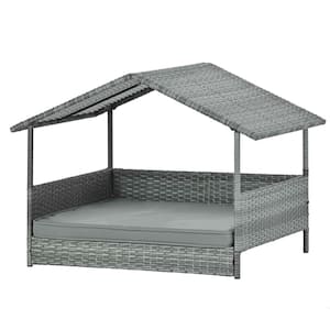 Any Large Dark Gray PE Rattan, Iron and Waterproof Fabric Dog Bed with Canopy