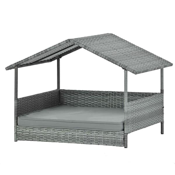 Miscool Any Large Dark Gray PE Rattan, Iron and Waterproof Fabric Dog Bed with Canopy