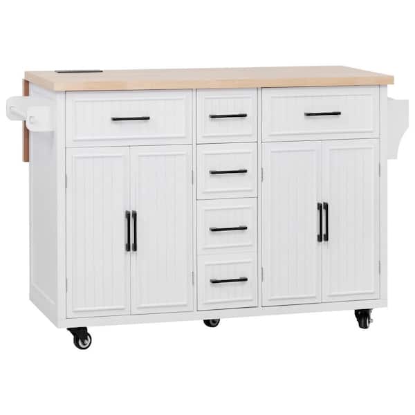 White Wood 56.5 in. W Embossed Vertical Stripe Rolling Kitchen Island with Drop Leaf, 5 Deep Drawers and 4 Doors