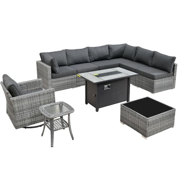 Messi Gray 10-Piece Wicker Outdoor Patio Conversation Sectional Sofa Set with a Metal Fire Pit and Black Cushions