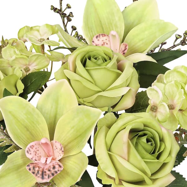 16 in. Green Artificial Mixed Rose Cymbidium Orchid Hydrangea Flower Stem Bush Bouquet (Set of 2)