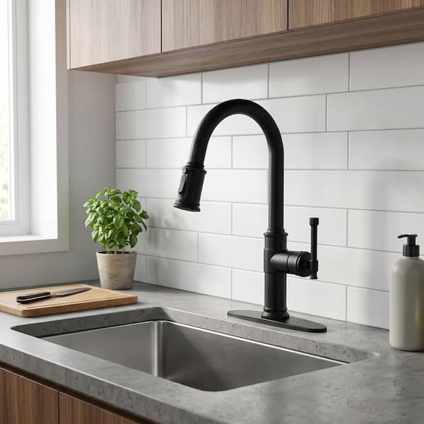 Matte Black 16.2 in. Single Handle Pull Down Sprayer Kitchen Faucet with 360° Spout Swivel in Stainless Steel